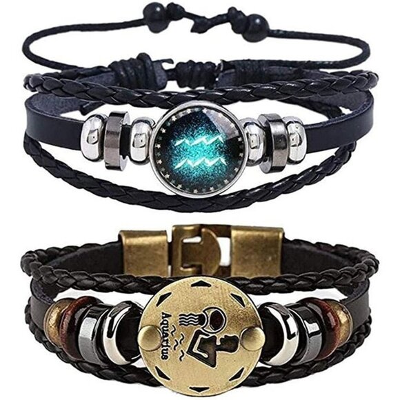 Fashion Jewelry Other - AQUARIUS Constellation Braided Rope Bracelet Punk Alloy Leather Bracelet Set